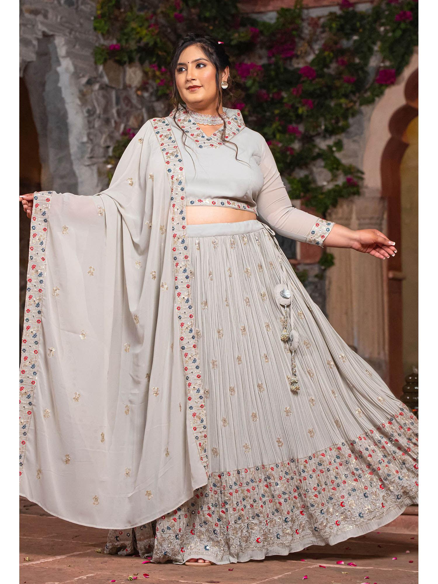 plus size grey embroidered lehenga choli with dupatta (set of 3)