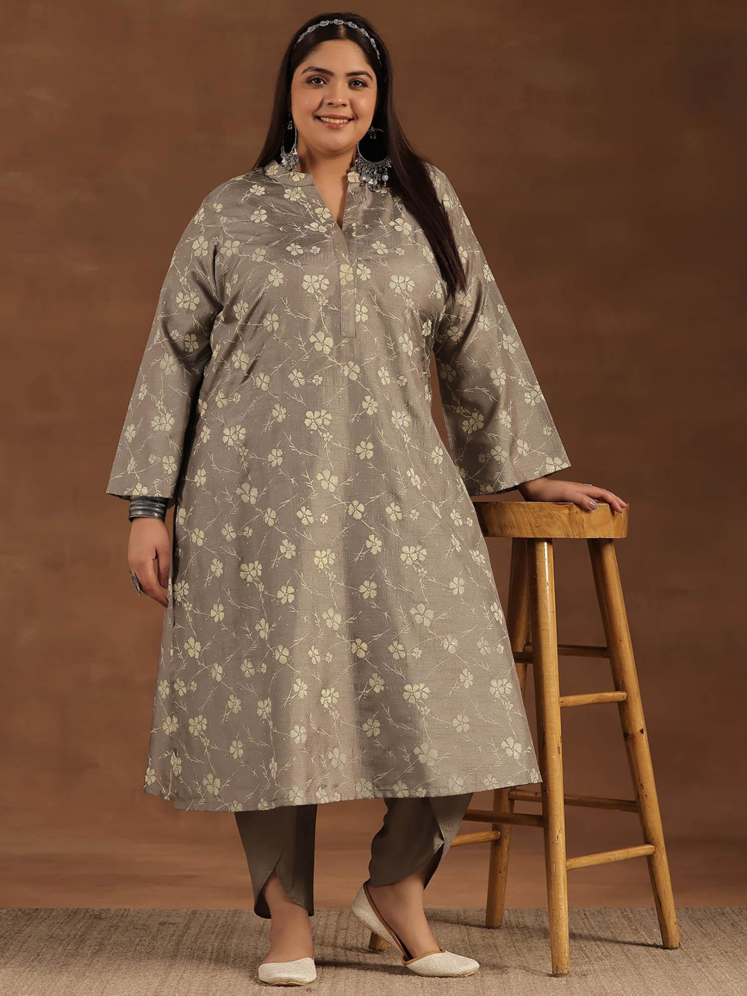 plus size grey floral printed kurta with dhoti pant (set of 2)