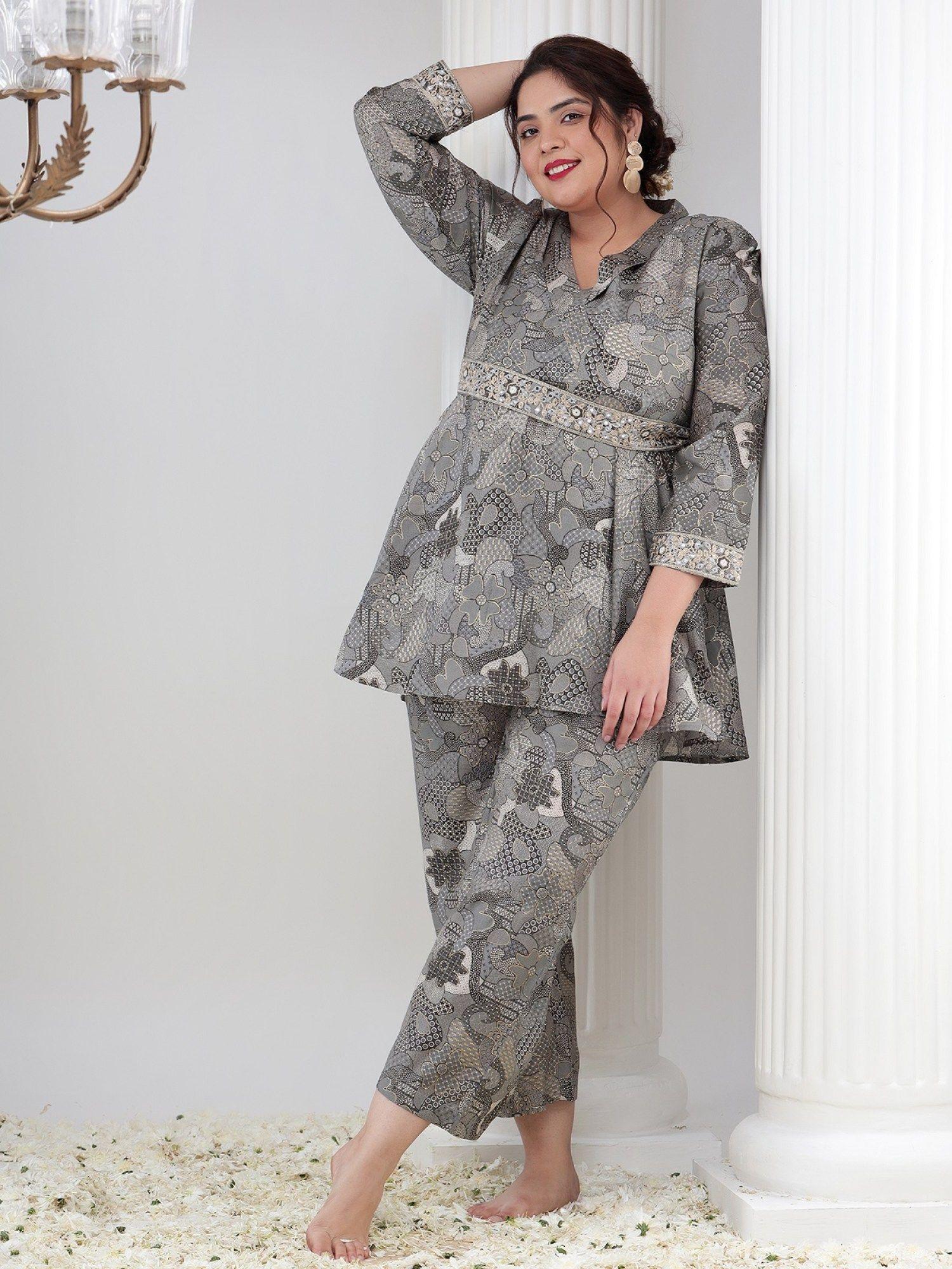 plus size grey tunic and trouser with belt (set of 3)