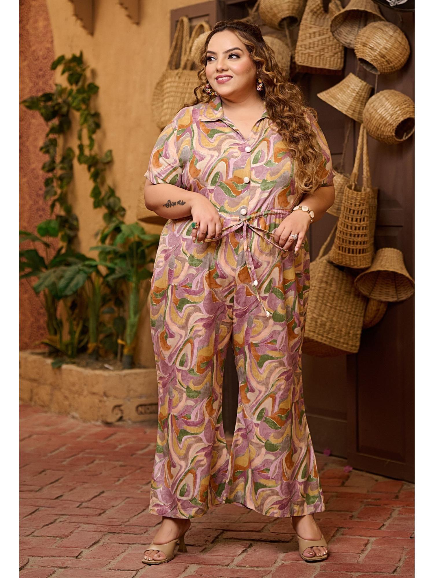 plus size lavender abstract collared jumpsuit
