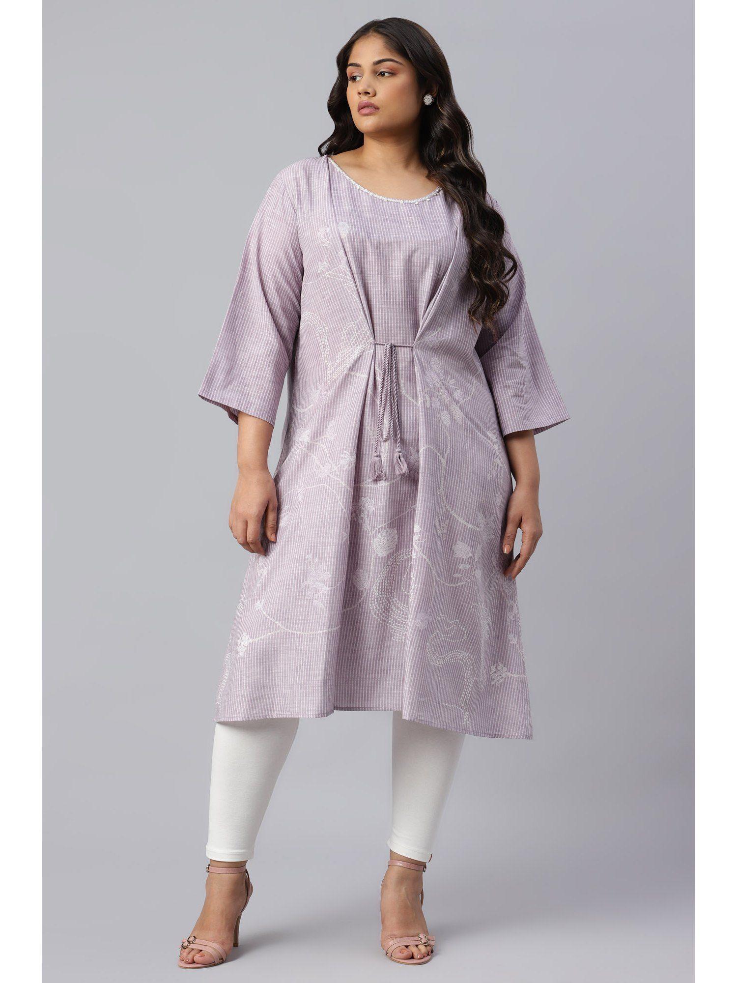 plus size lilac stripes & embroidered mock layer kurta