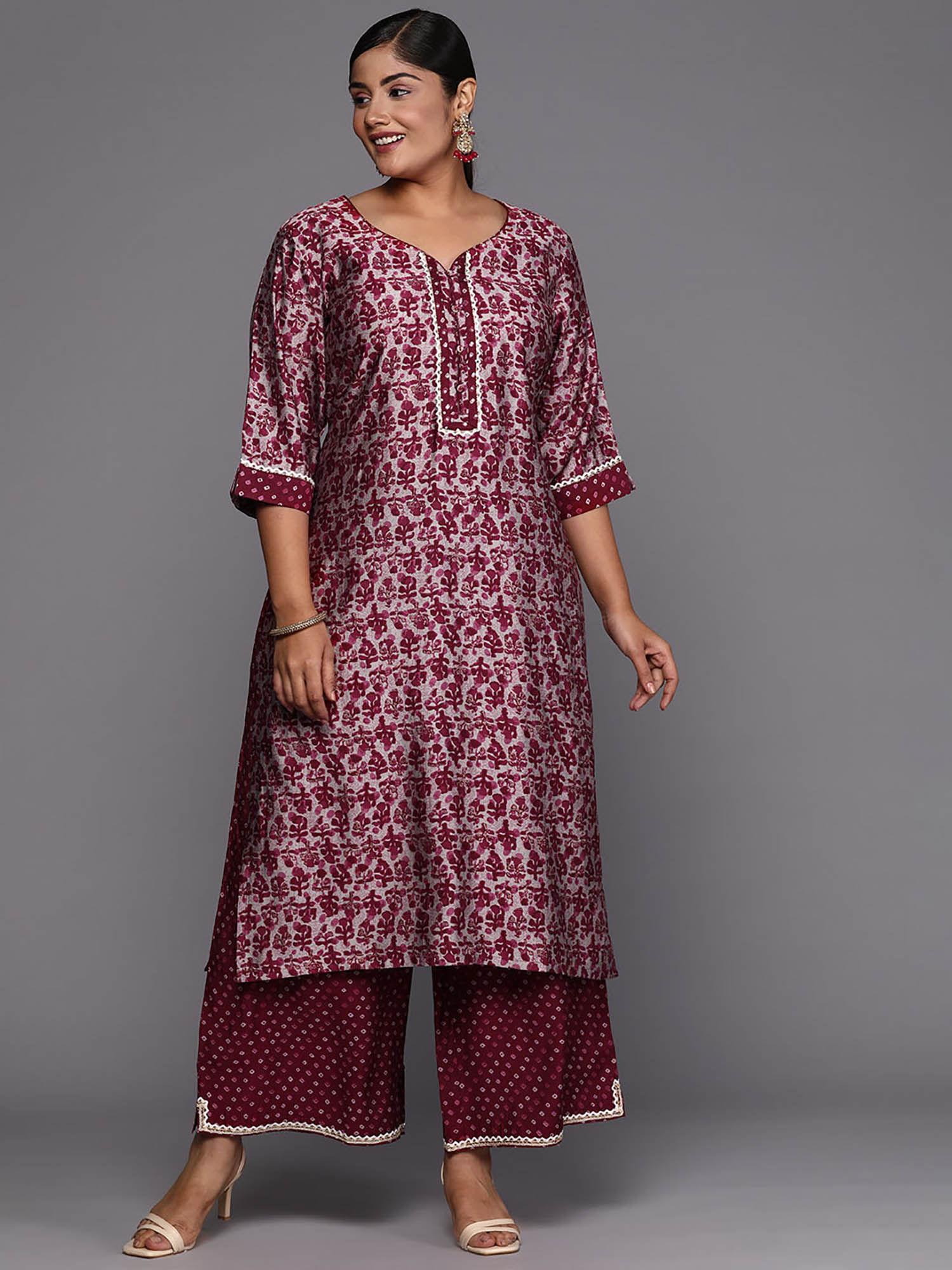 plus size maroon floral printed gotta patti kurta with palazzo (set of 2)