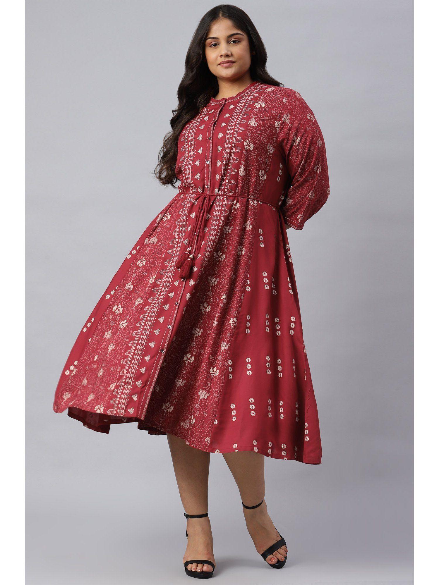 plus size maroon floral printed panelled indie dress with belt (set of 2)