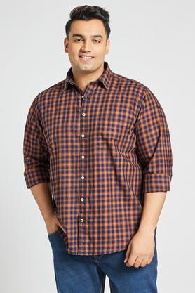 plus size men's casual indigo checked full sleeved shirt with regular collar - rust