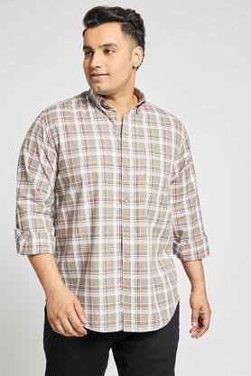 plus size men's checks full sleeved casual shirt with regular collar - khaki