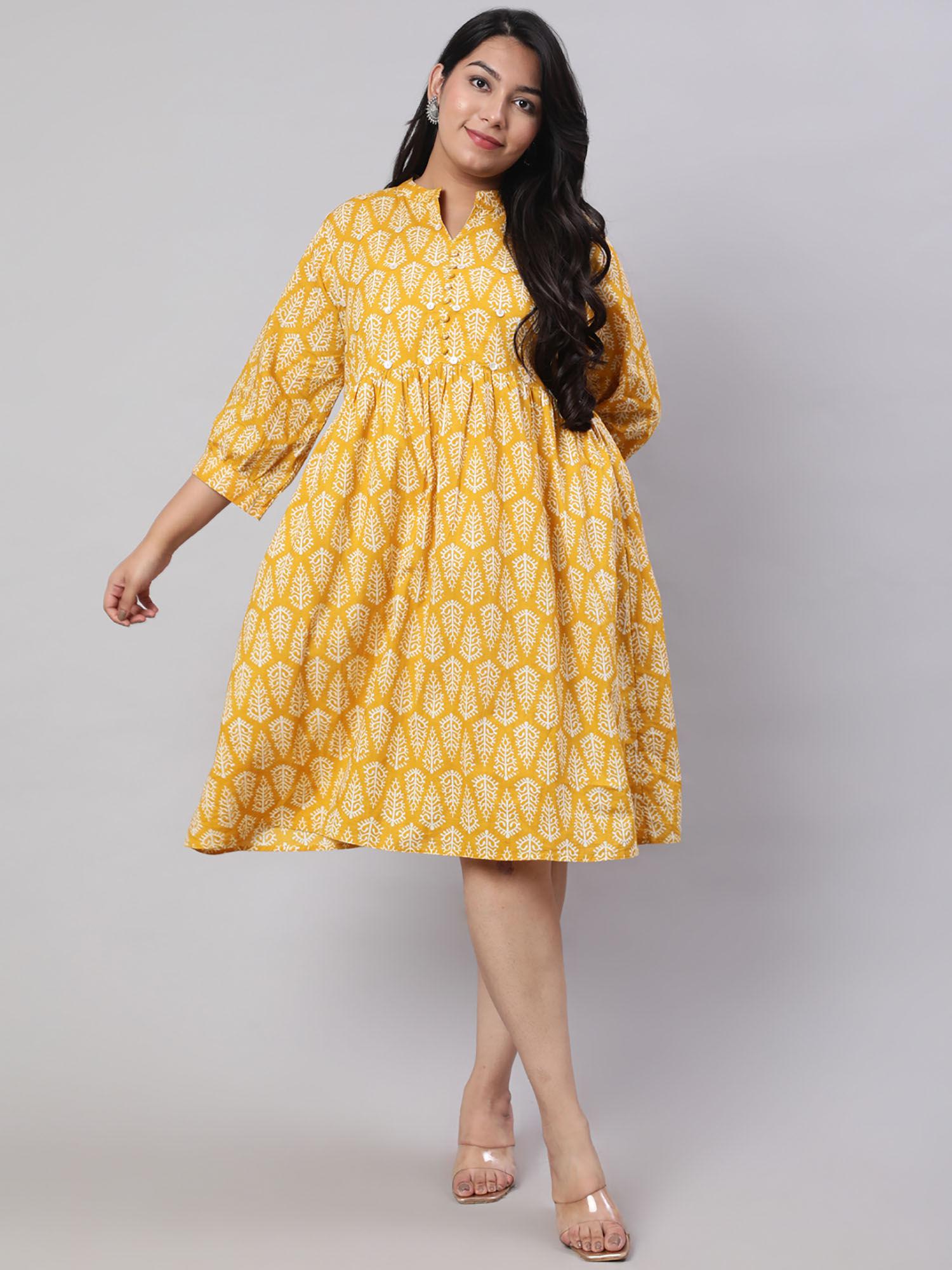 plus size mustard ethnic printed flared dress