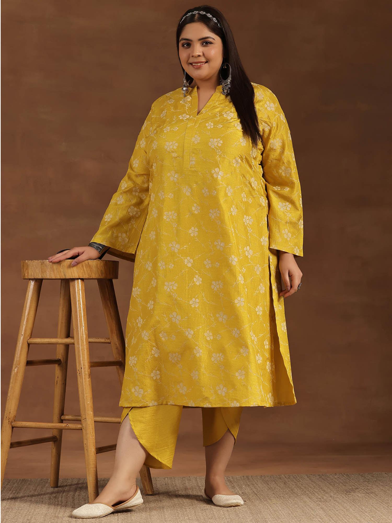 plus size mustard floral printed kurta with dhoti pant (set of 2)