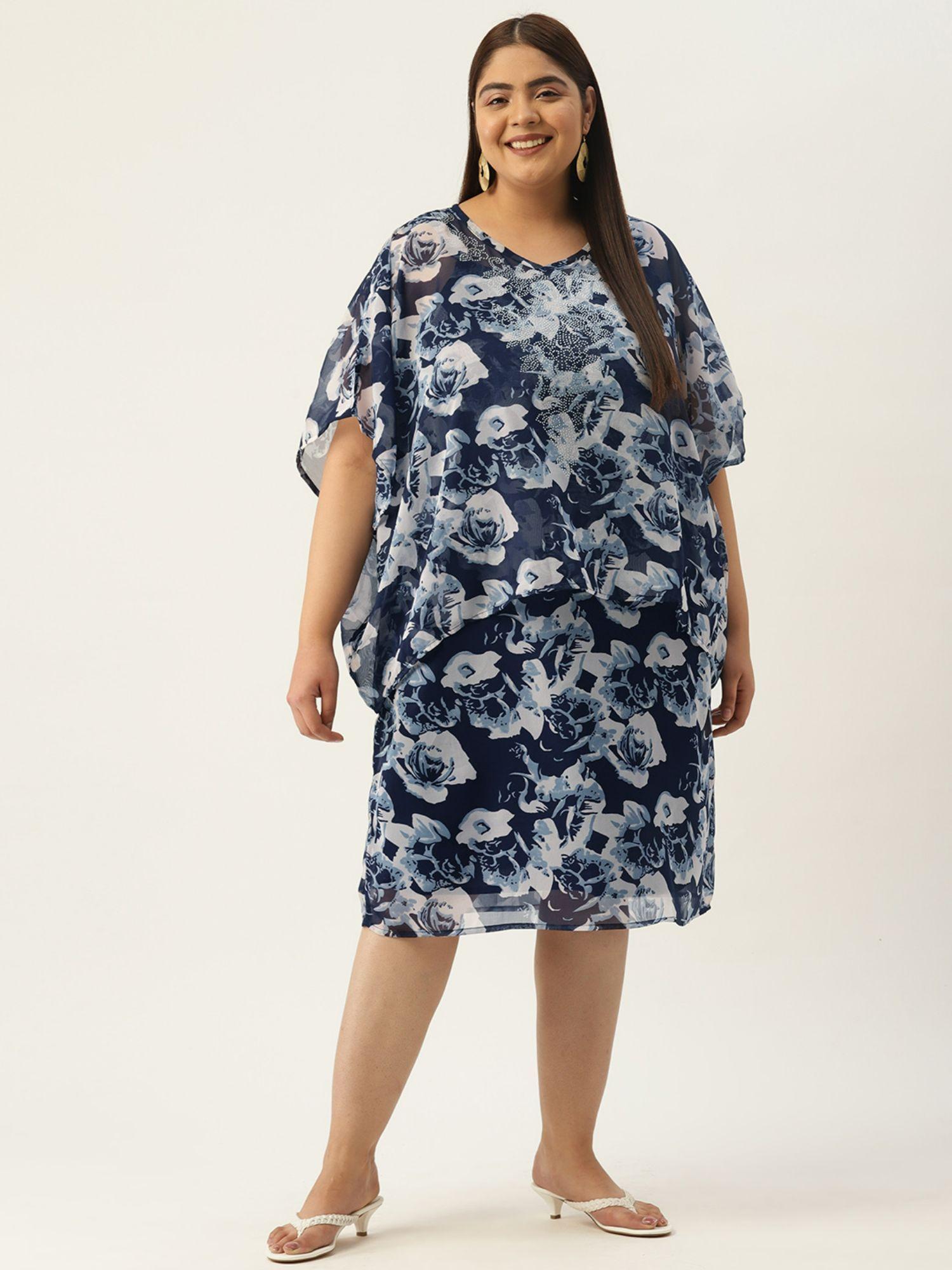 plus size navy floral printed layered embellished party wear dress (set of 2)