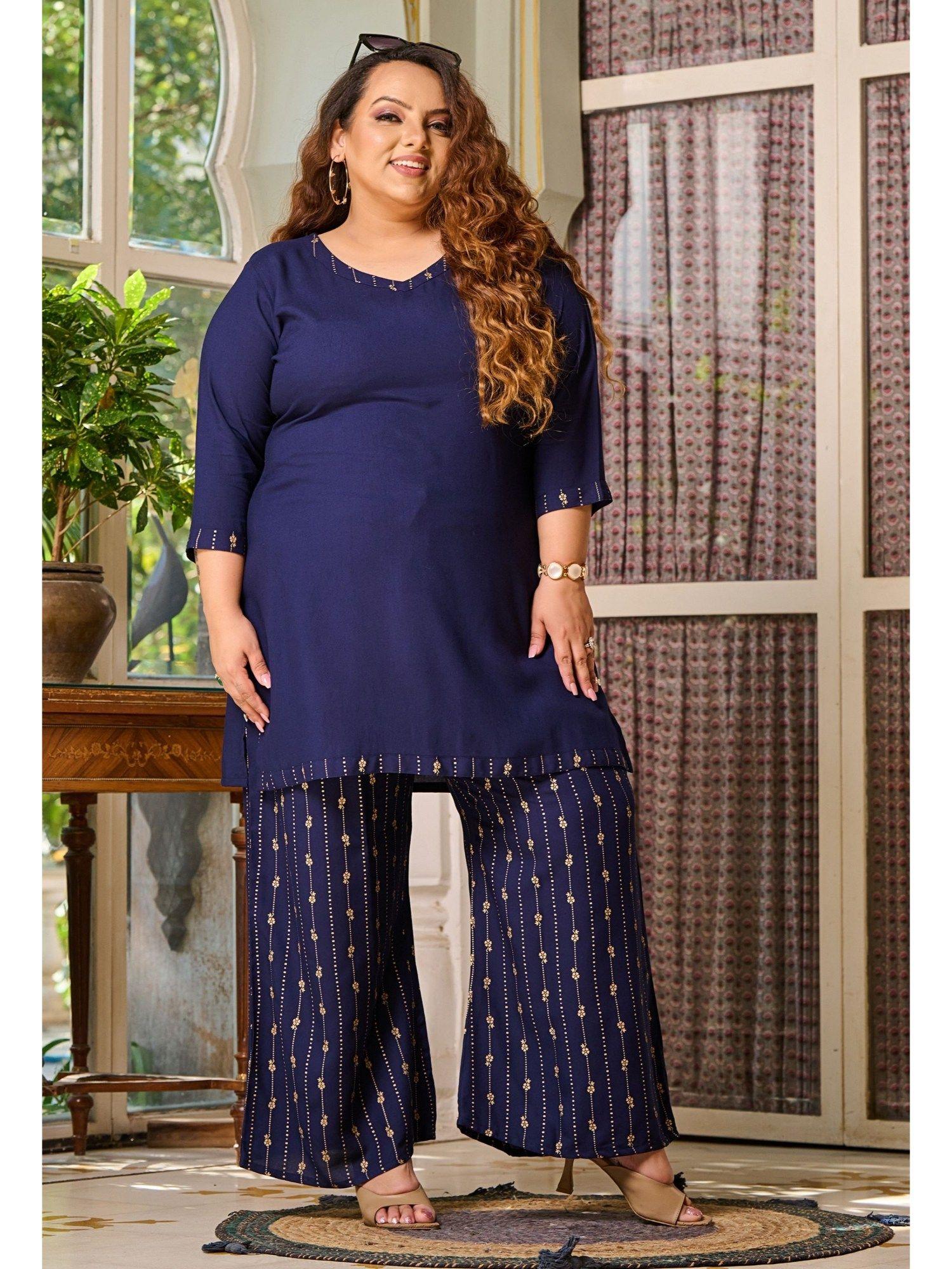plus size navy gold printed rayon co-ord (set of 2)