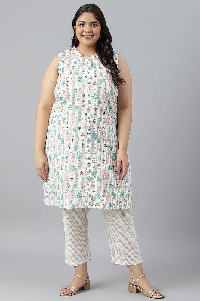 plus size off-white floral printed kurta with trousers