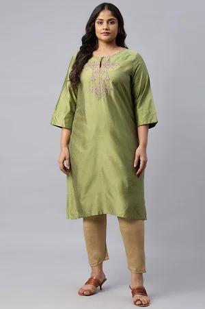 plus size olive embroidered straight kurta