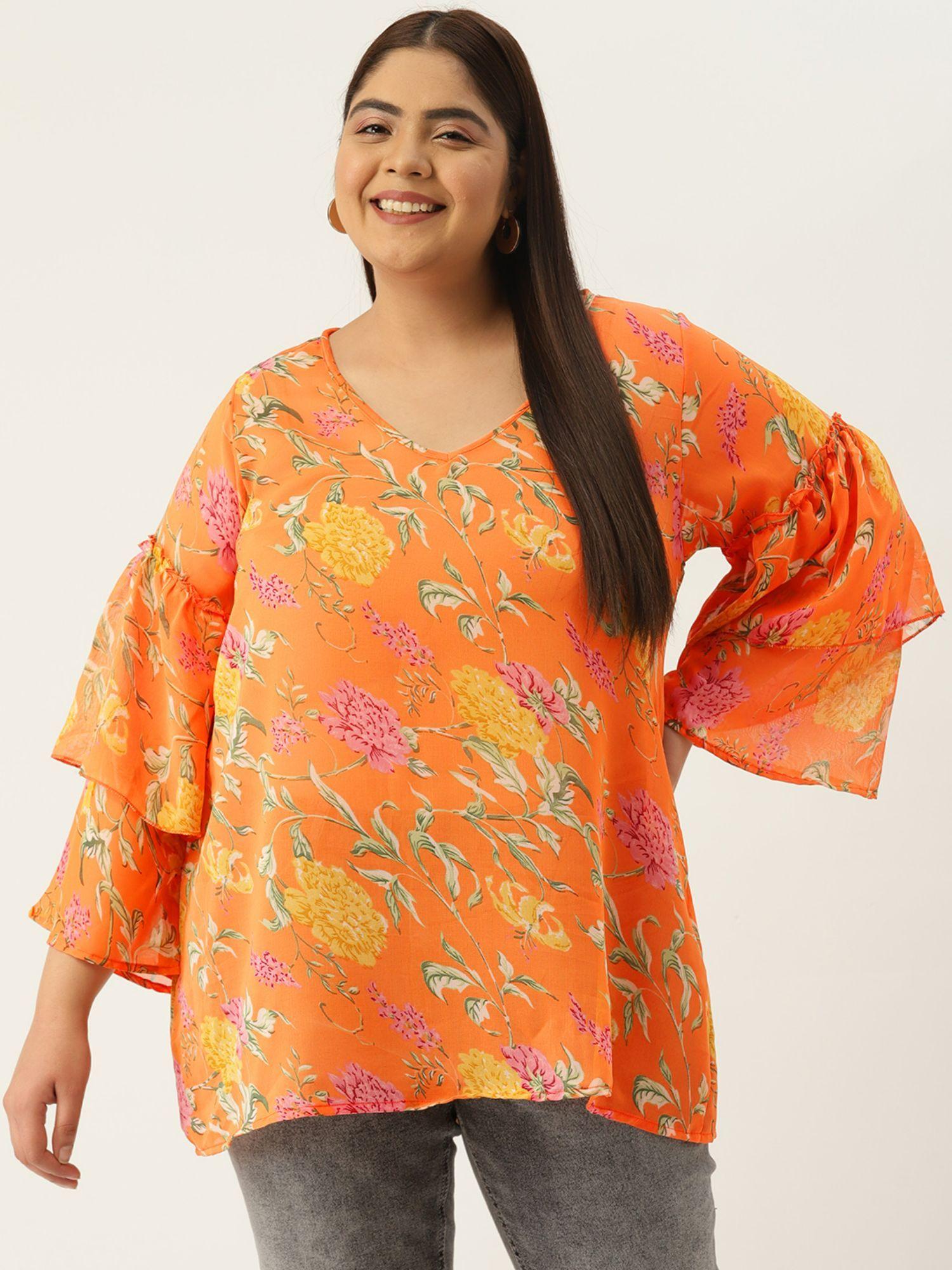 plus size orange floral printed bell sleeves georgette longline top