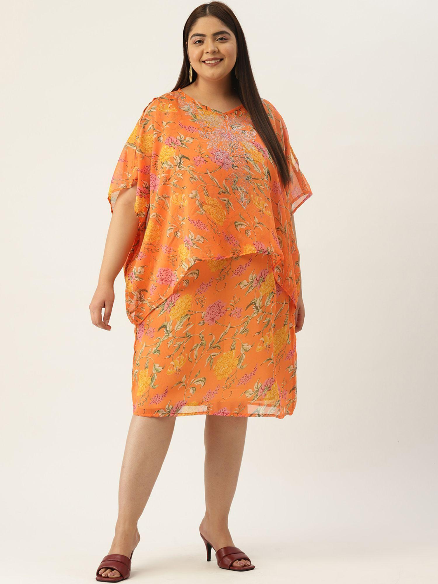 plus size orange floral printed layered embellished party wear dress (set of 2)