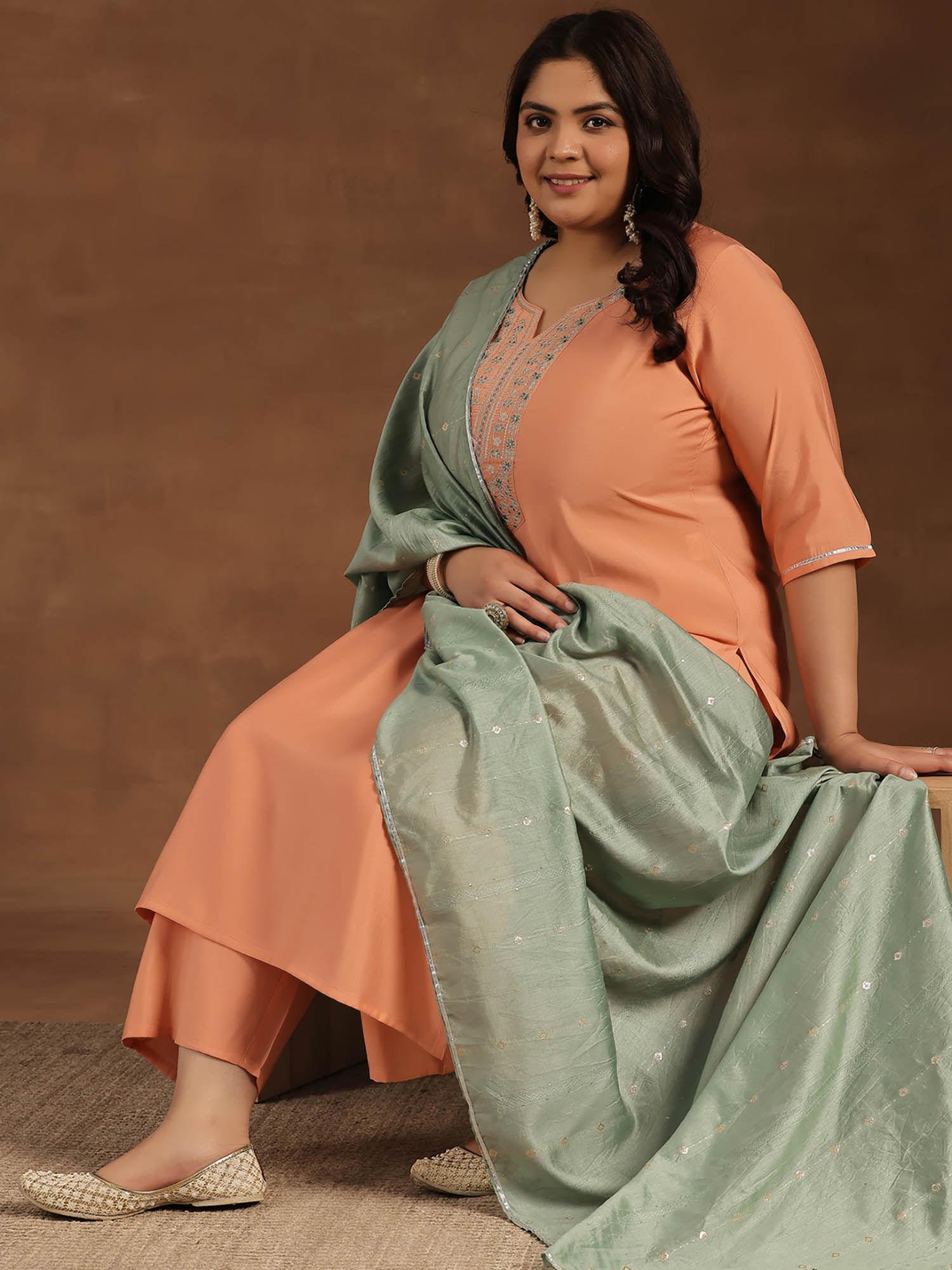 plus size peach kurta with trouser & dupatta (set of 3)