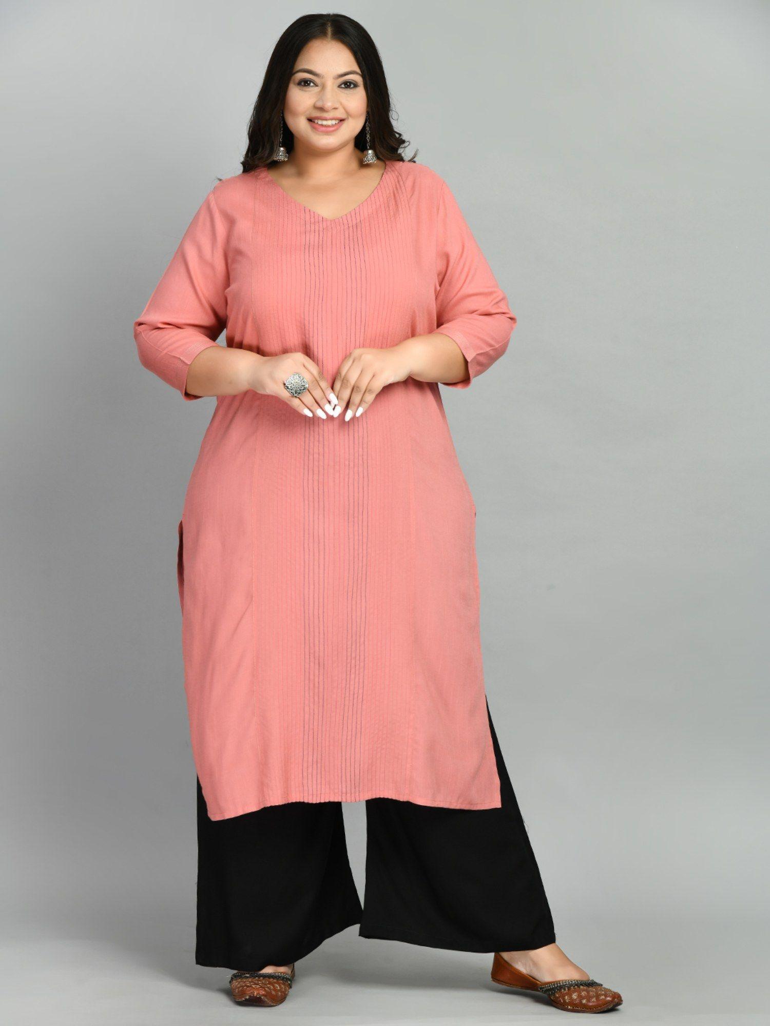 plus size peach multicolored thread work kurta