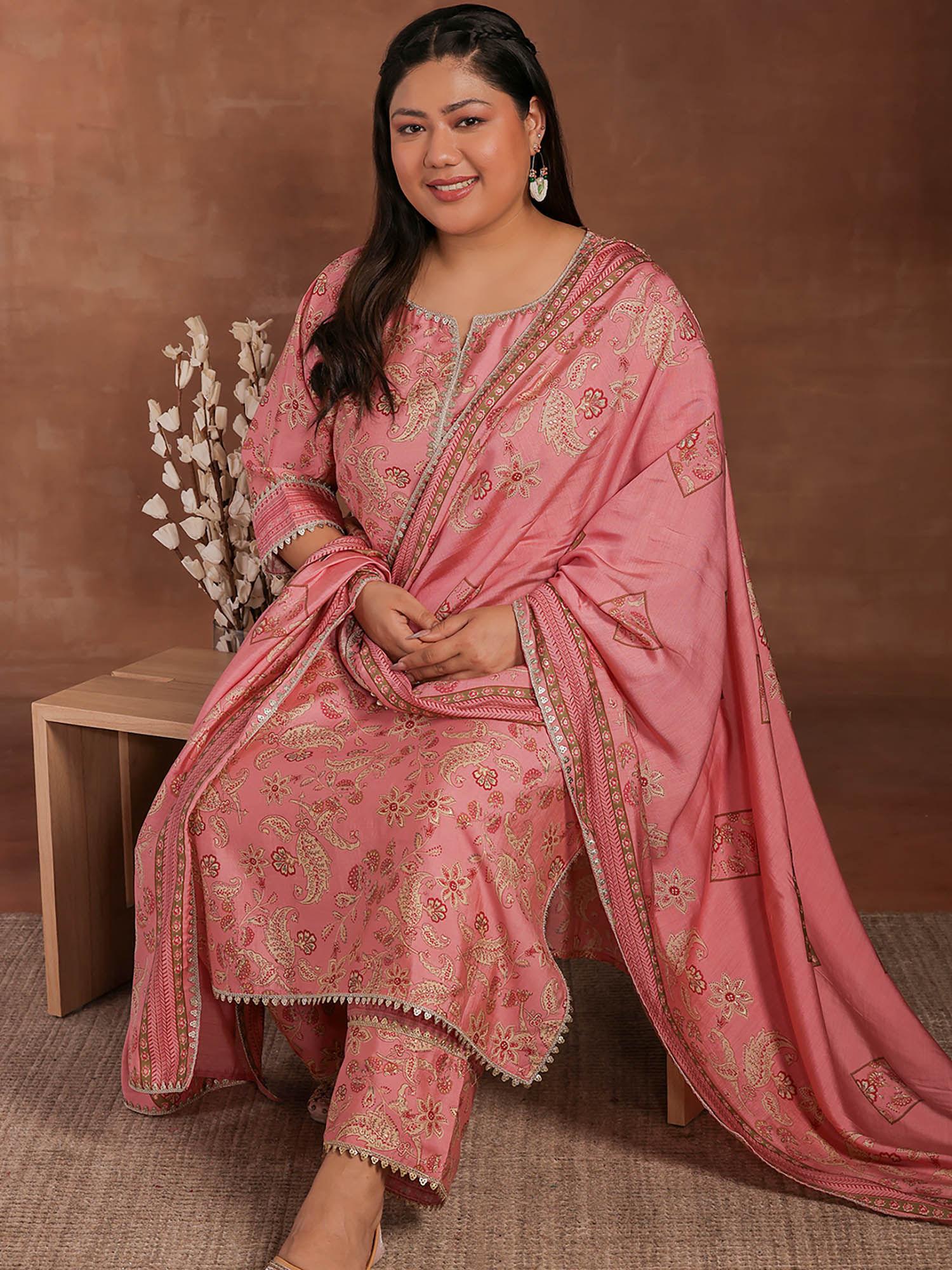 plus size pink floral kurta with palazzo & dupatta (set of 3)