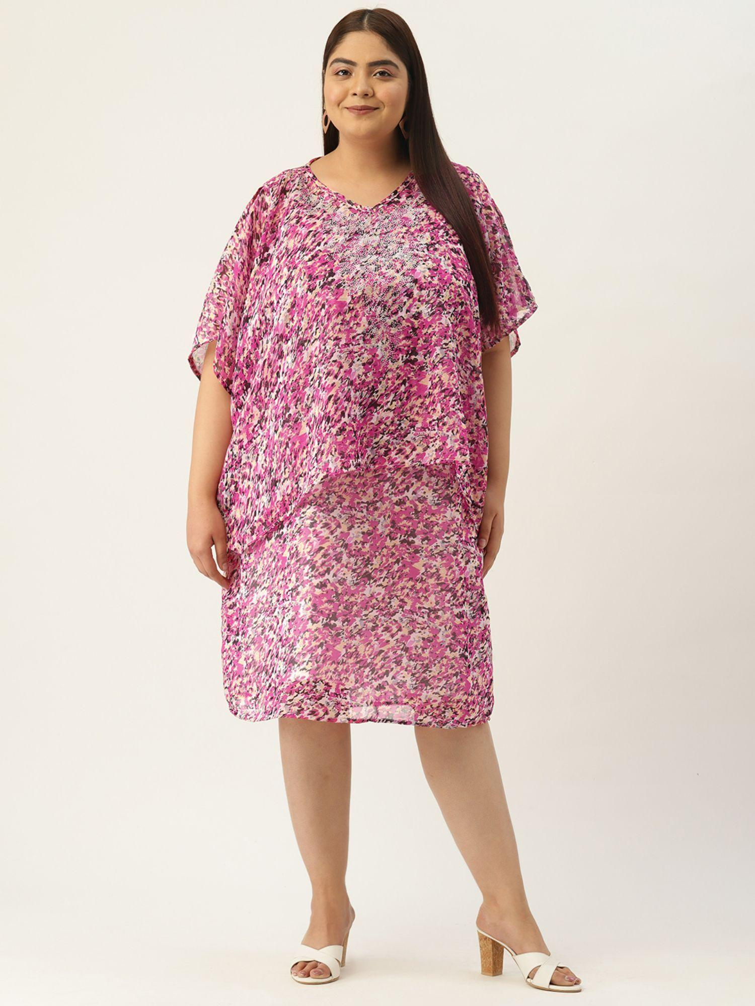 plus size pink floral printed layered embellished party wear dress (set of 2)