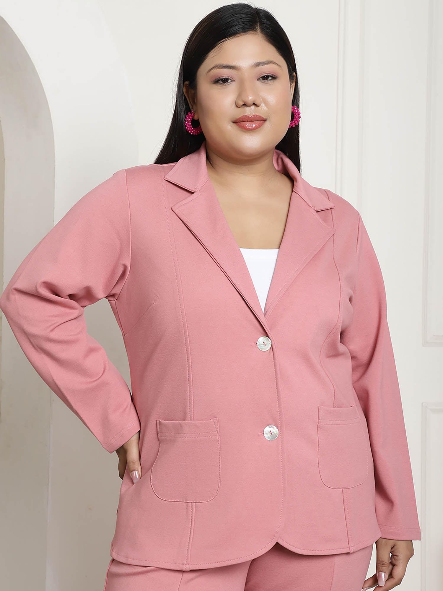 plus size pink solid single breasted formal blazer