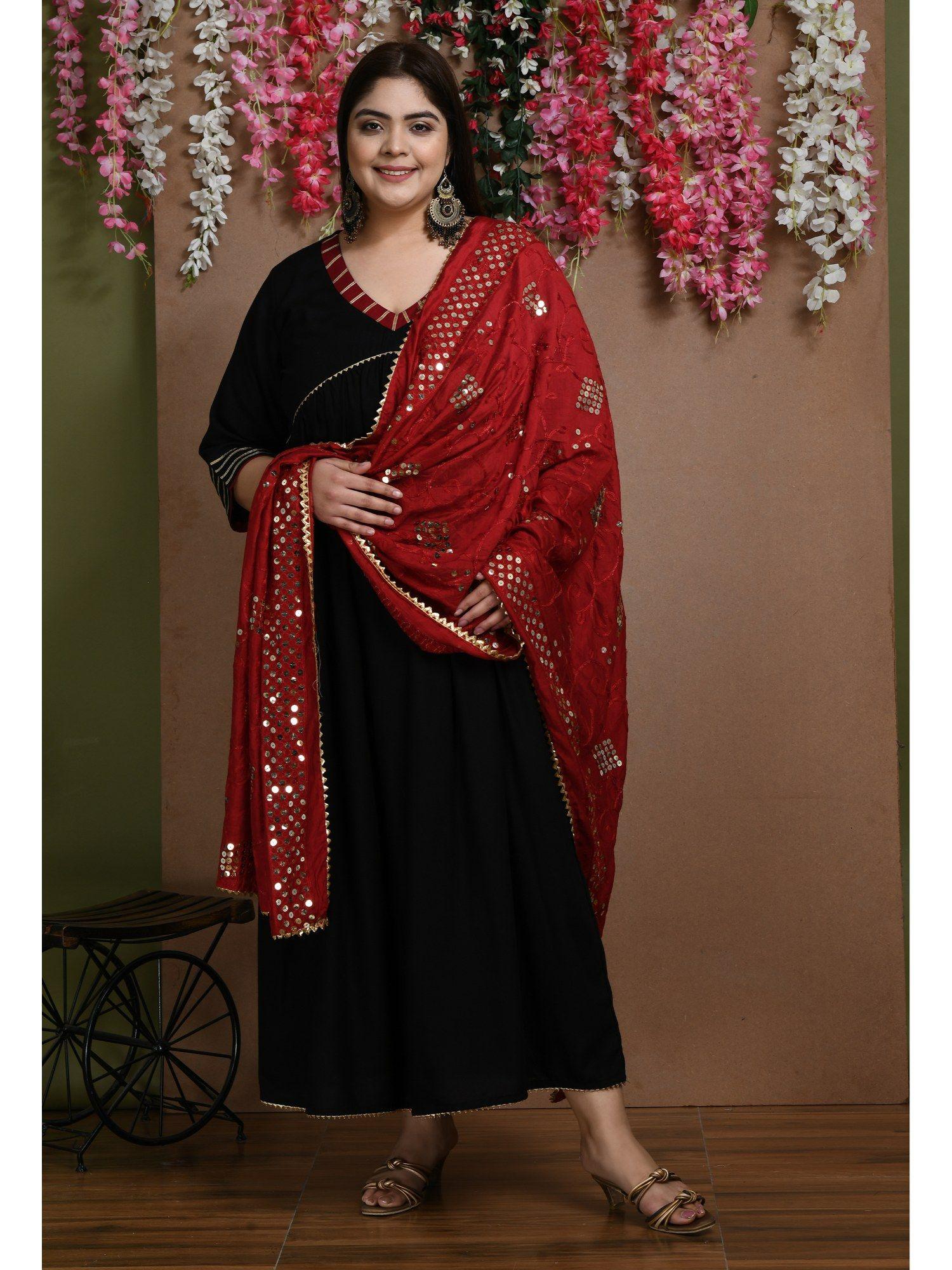 plus size pitch black anarkali kurta with dupatta (set of 2)