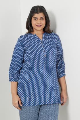 plus size printed rayon collared women's casual wear kurti - blue