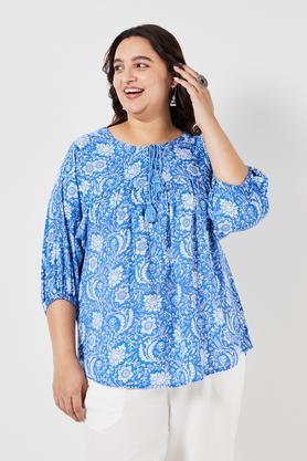 plus size printed rayon collared women's casual wear kurti - blue