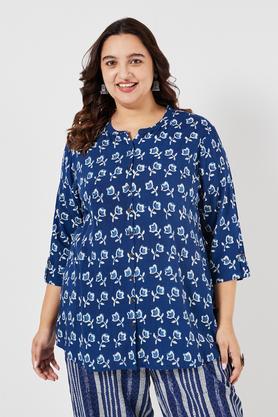 plus size printed rayon collared women's casual wear kurti - indigo