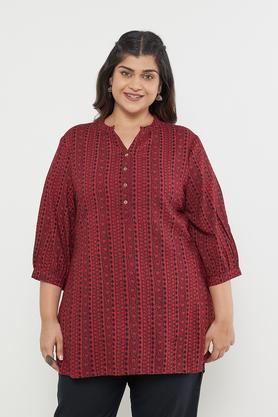 plus size printed rayon collared women's casual wear kurti - maroon