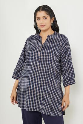 plus size printed rayon collared women's casual wear kurti - navy