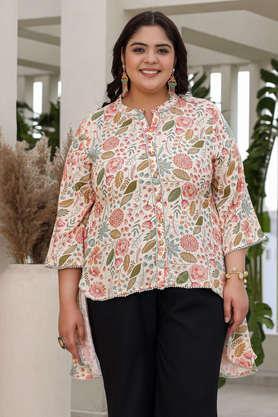 plus size printed rayon collared women's tunic - ivory
