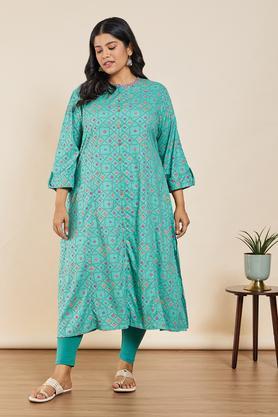 plus size printed rayon mandarin women's casual wear kurta - turquoise