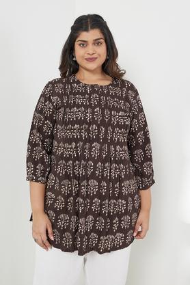 plus size printed rayon round neck women's casual wear kurti - brown
