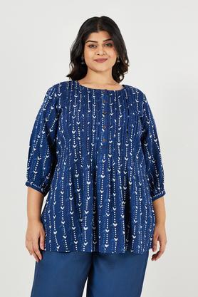 plus size printed rayon round neck women's casual wear kurti - indigo