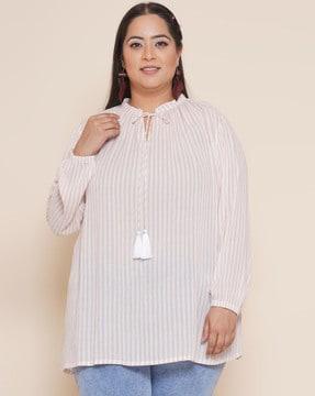 plus size printed top with tie-up neckline
