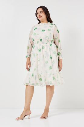 plus size printed v-neck polyester women's knee length dress - white