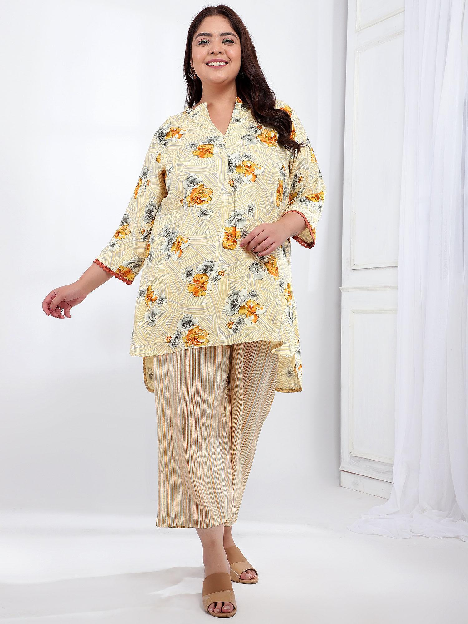 plus size printed womens co-ord tunic with trouser - yellow (set of 2)