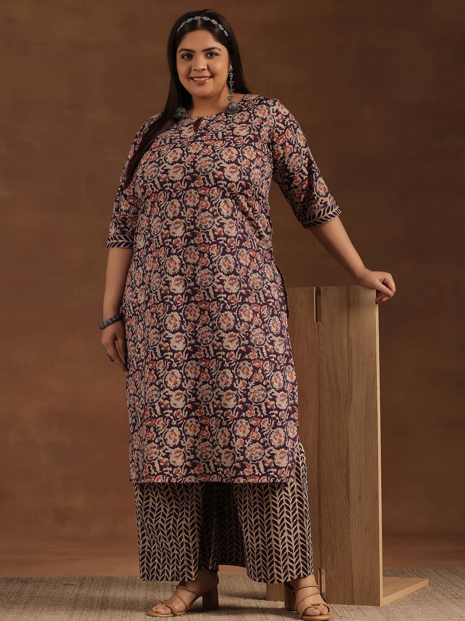 plus size purple floral printed kurta with palazzo (set of 2)