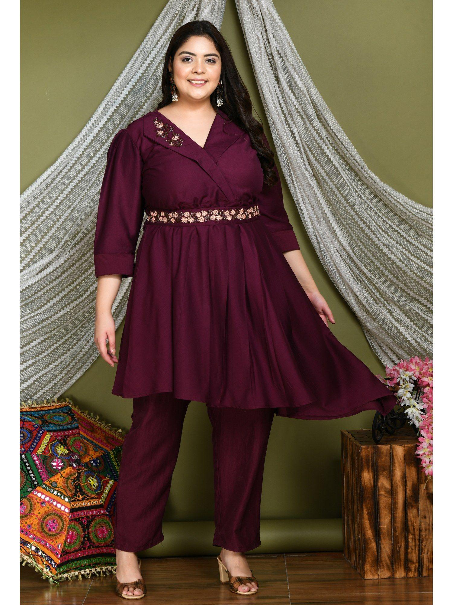 plus size purple kurta pant with belt (set of 3)