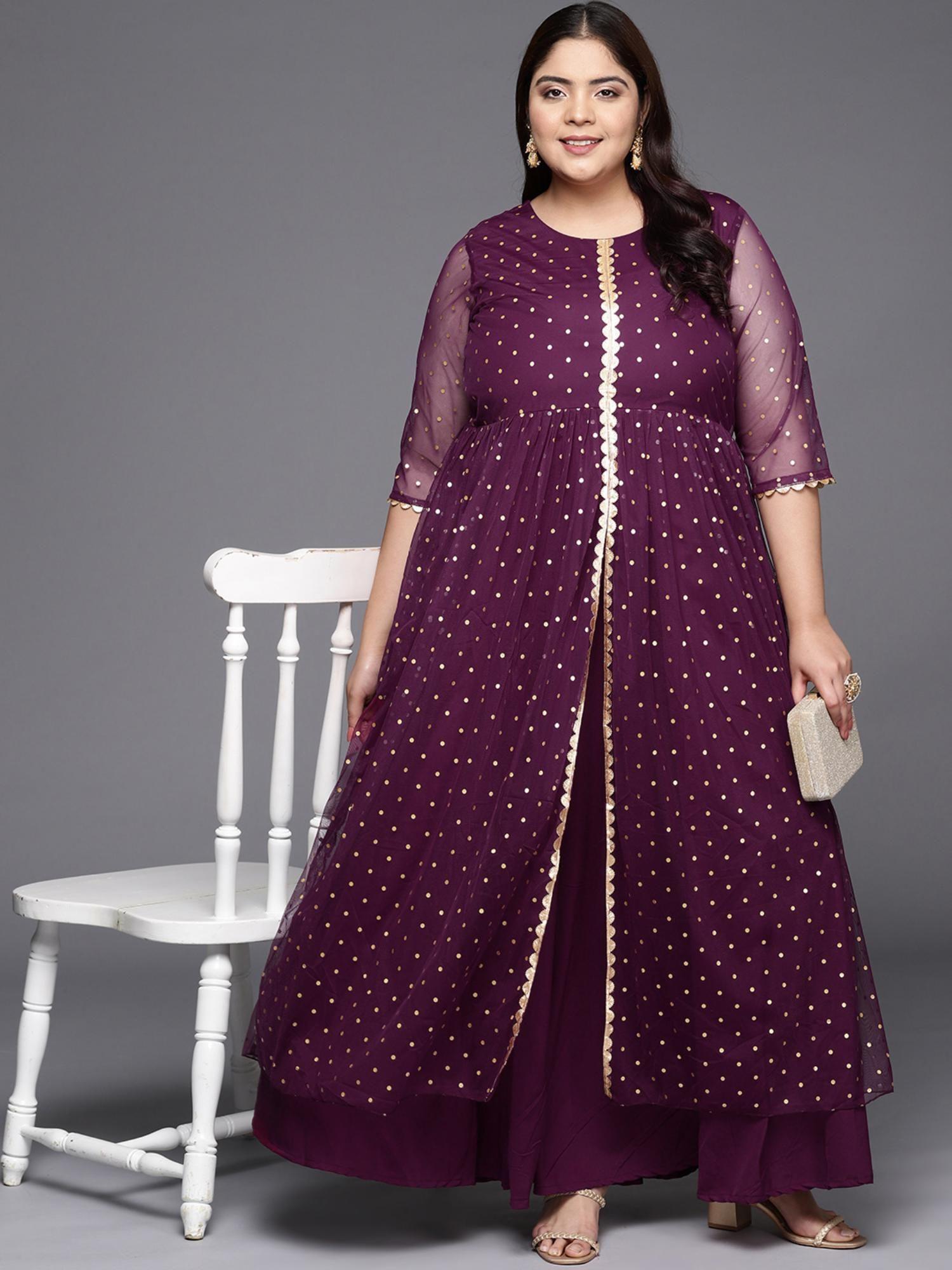 plus size round neck net maxi ethnic dress