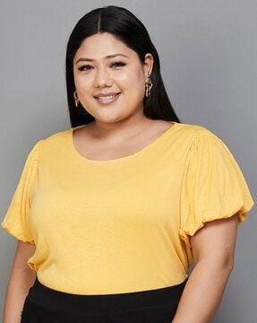 plus size round-neck top with puff sleeves