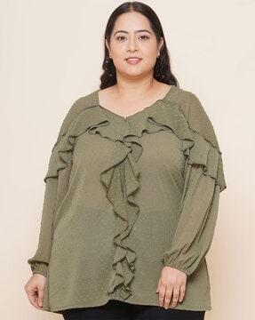 plus size ruffled neckline v-neck top