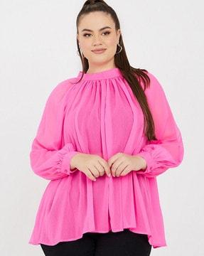 plus size sheer high-neck tie-back blouse