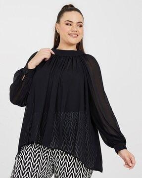plus size sheer high-neck tie-back blouse
