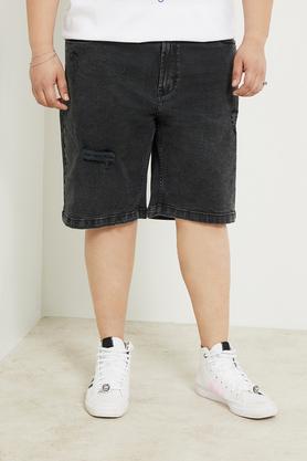 plus size solid cotton lycra regular fit men's shorts - black