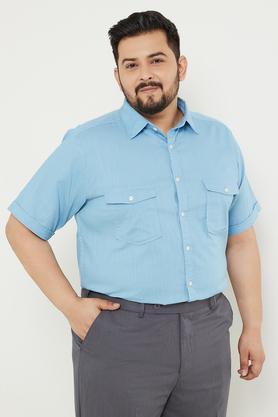 plus size solid cotton regular fit men casual wear shirt - blue