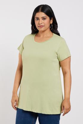 plus size solid cotton round neck women's t-shirt - green