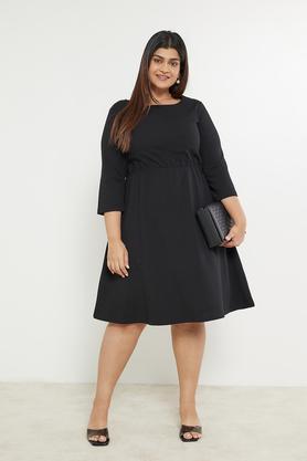 plus size solid polyester blend round neck women's knee length dress - black