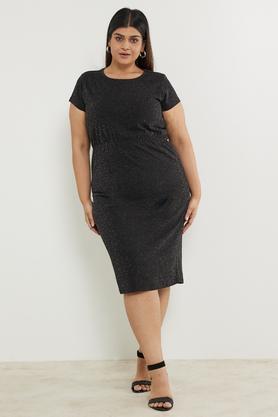 plus size solid polyester round neck women's knee length dress - black