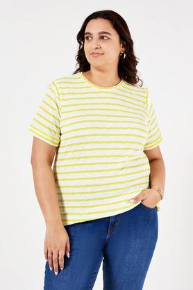 plus size solid polyester round neck women's t-shirt - yellow