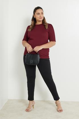 plus size solid polyester round neck women's top - maroon