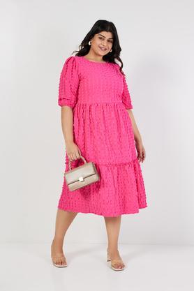 plus size solid round neck polyester women's knee length dress - pink